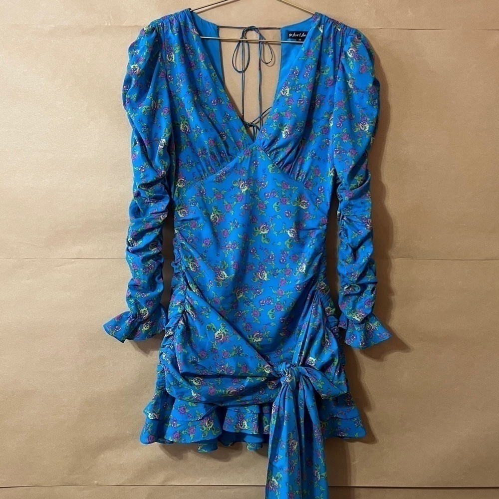 For Love & Lemons | Bahama Mini Dress Azure Floral Plunging Neck Ruched Size XS